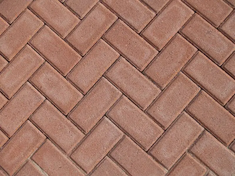 Herringbone clay brick paving, photographed close.